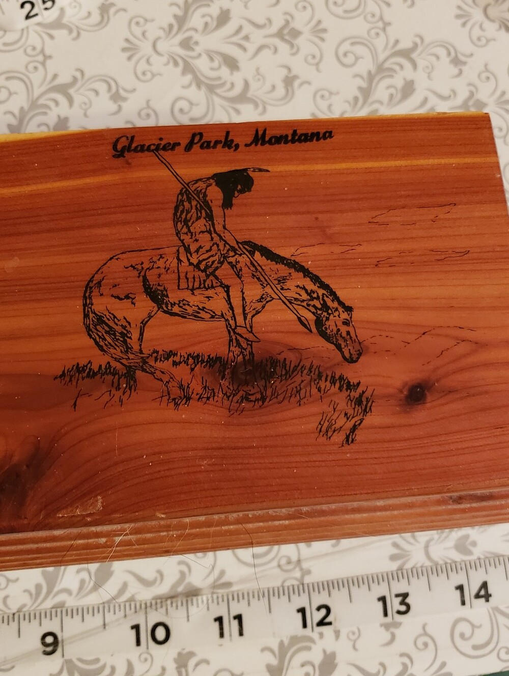 Native Man And Horse Cedar Jewelry / Trinket Box Glacier National Park Vintage